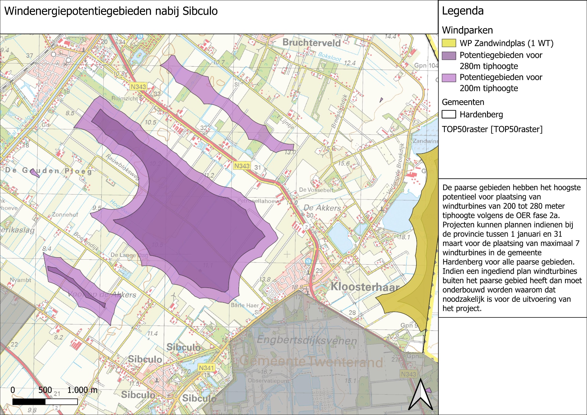 Kaart met windenergiepotentiegebieden nabij Sibculo, Kloosterhaar en Bergentheim