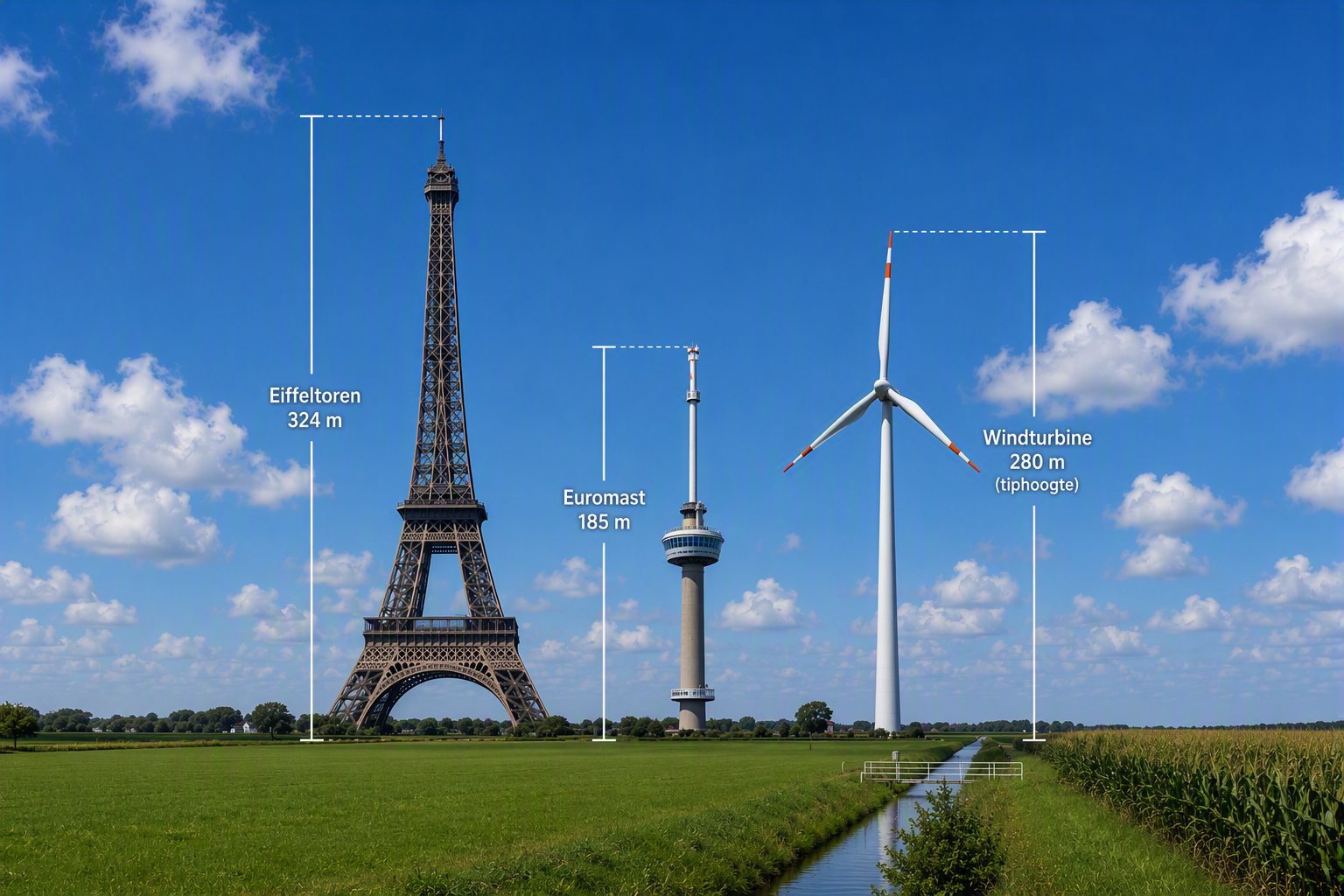 Vergelijking in hoogte: Eiffeltoren (324 m), Euromast (185 m) en een windturbine (280 m tiphoogte)
